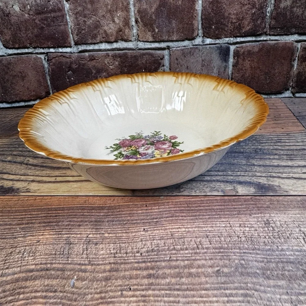 Vtg Homer Laughlin Serving Bowl‎ Rib Floral Burnt Orange Rim 9